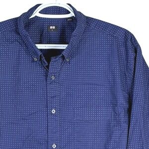 Uniqlo Button Down Shirt Mens L Blue Polka Dot Long Sleeve Cotton 331-411842